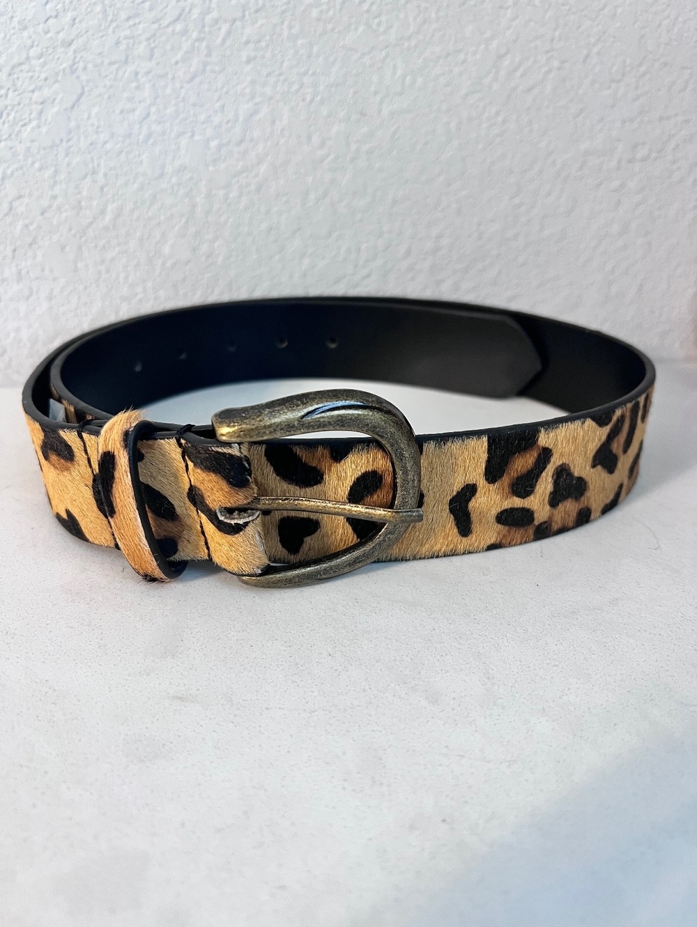 Urban Outfitters Wide Leopard Cow Hair Hide Statement Waist Belt 34x2.5 Boho